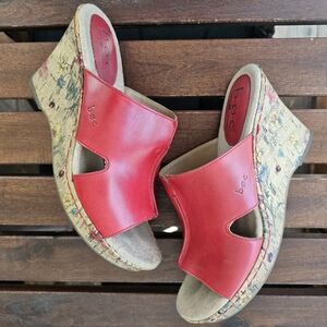b.o.c. Red Leather And Floral Cork Wedge Sandals